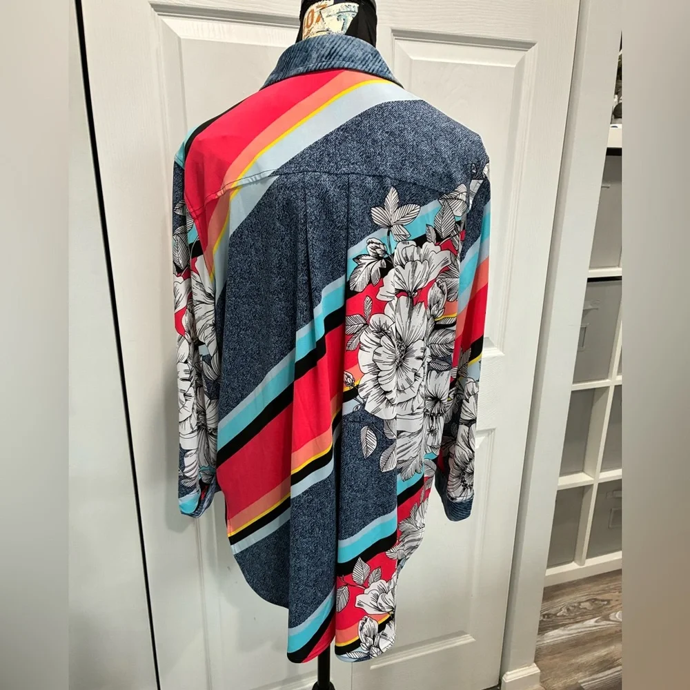 Vibrant Floral and Striped Button Down Shirt - Picture 3 of 7